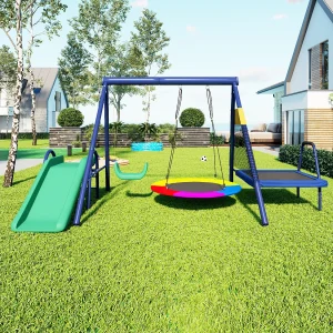 Buitenschommelset – Glijbaan + trampoline + 2 schommels – Blauw metaal Buitenschommelset – Glijbaan + trampoline + 2 schommels – Blauw metaal