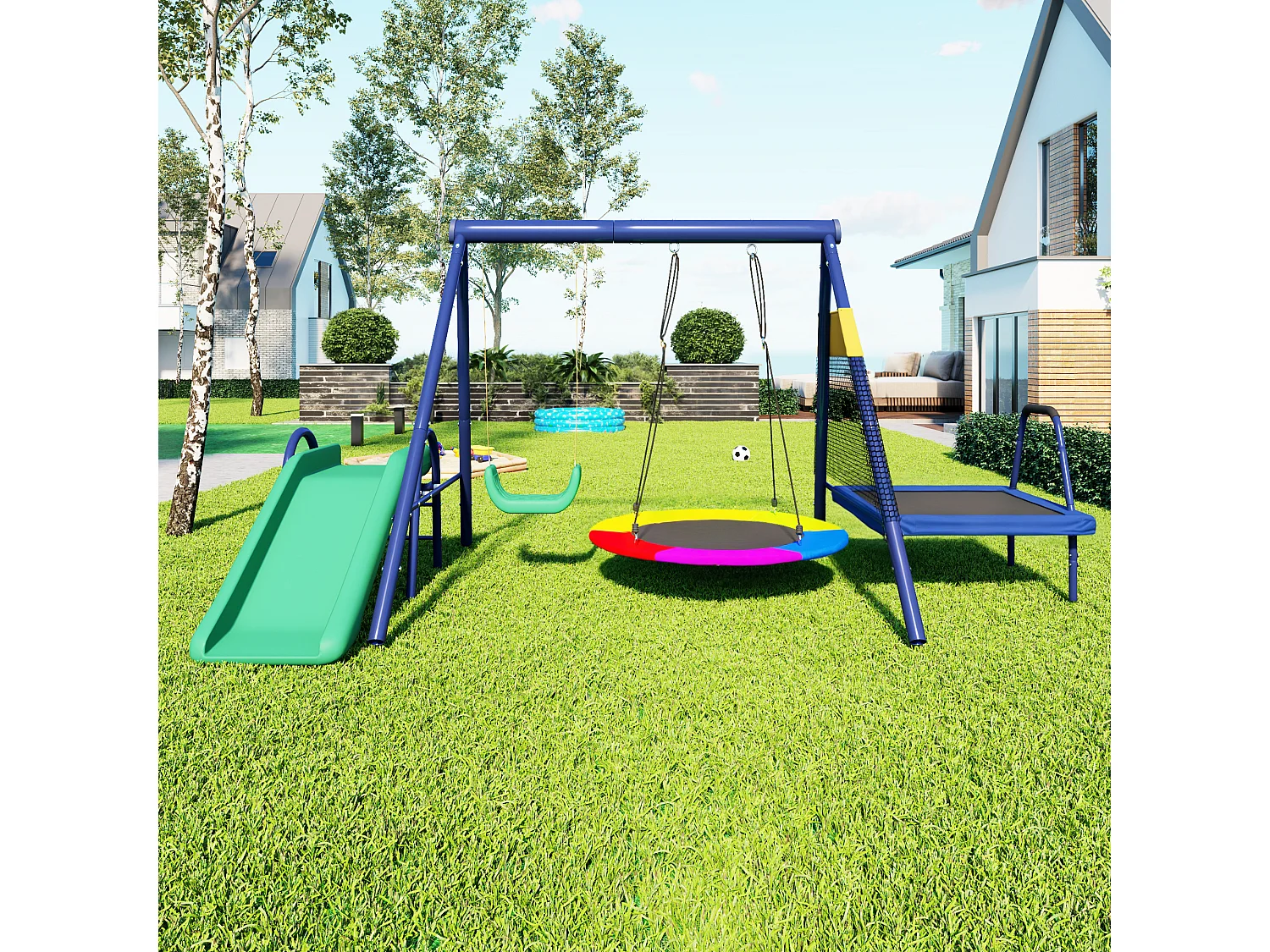 Buitenschommelset - Glijbaan + trampoline + 2 schommels - Blauw metaal