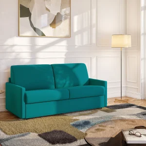 Slaapbank in turquoise blauw stof met traagschuim zitting 140 cm brede latten 18 cm CALIFE Slaapbank in turquoise blauw stof met traagschuim zitting 140 cm brede latten 18 cm CALIFE