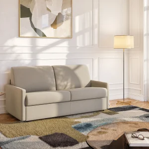 Express slaapbank in beige stof met traagschuim zitting 160 cm matras 14 cm CALIFE Express slaapbank in beige stof met traagschuim zitting 160 cm matras 14 cm CALIFE