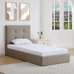 opbergbed 90 x 190 cm in stof en taupe kleur – CALINIDA opbergbed 90 x 190 cm in stof en taupe kleur – CALINIDA