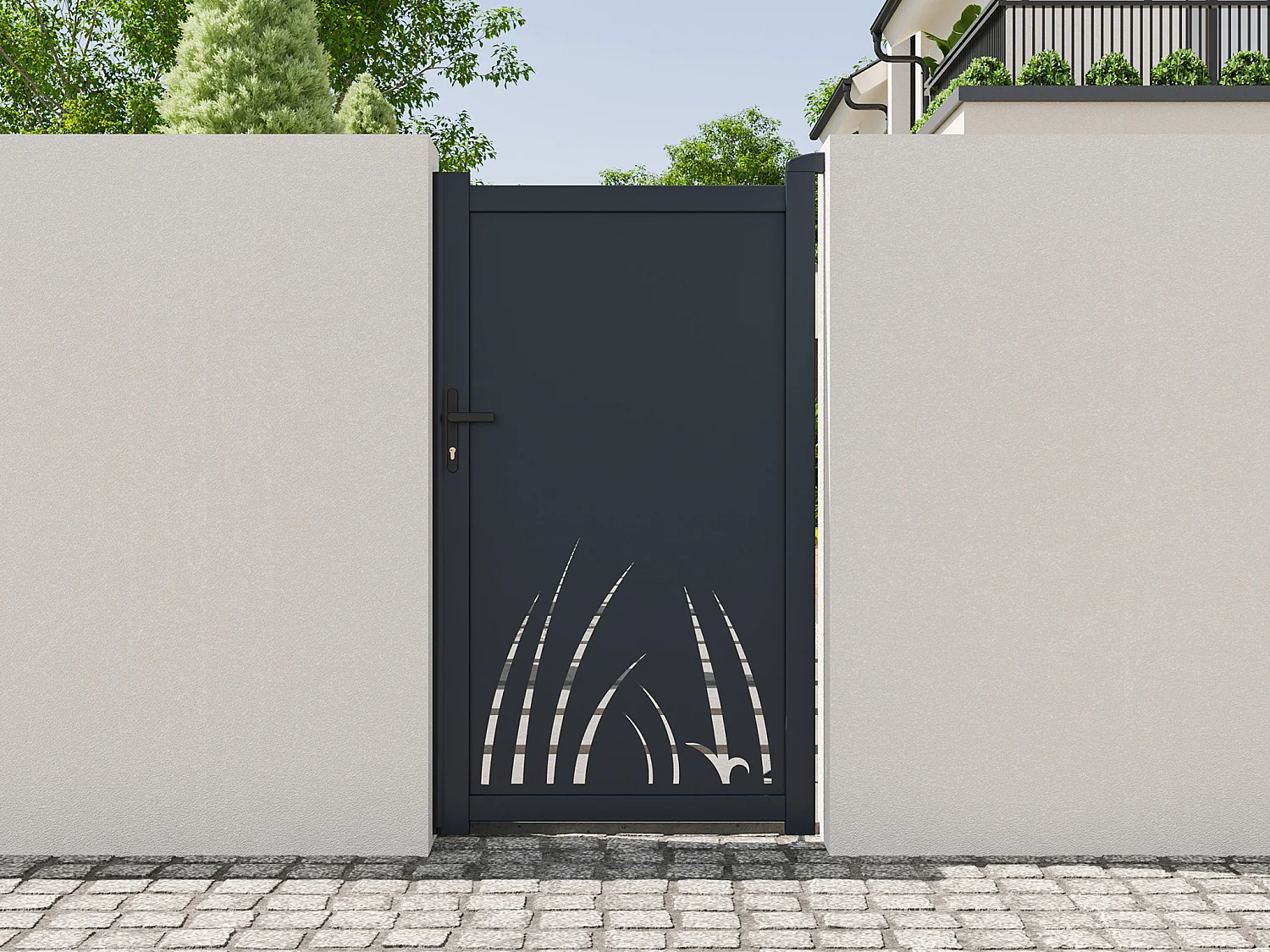 Openslaand aluminium hekje met plantenmotief - B103 x H181 cm - Antraciet - BRAMENO