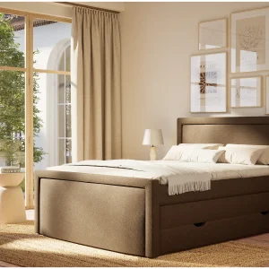 Boxspringbed met hoofdbord + matras + dekmatras – 180×200 cm – bruin – FRESCO