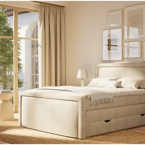 Boxspringbed met hoofdbord + matras + dekmatras – 140×200 cm – beige – FRESCO