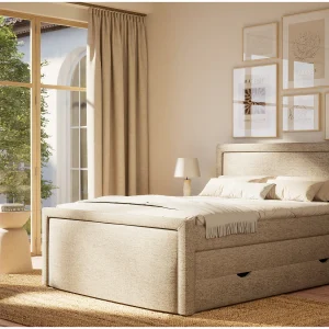 Boxspringbed met hoofdbord + matras + dekmatras – 140×200 cm – lichtbruin – FRESCO