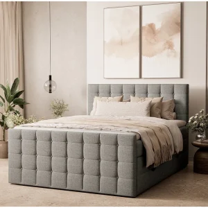 Boxspringbed met hoofdbord + matras + dekmatras – 140×200 cm – grijs – TASCA