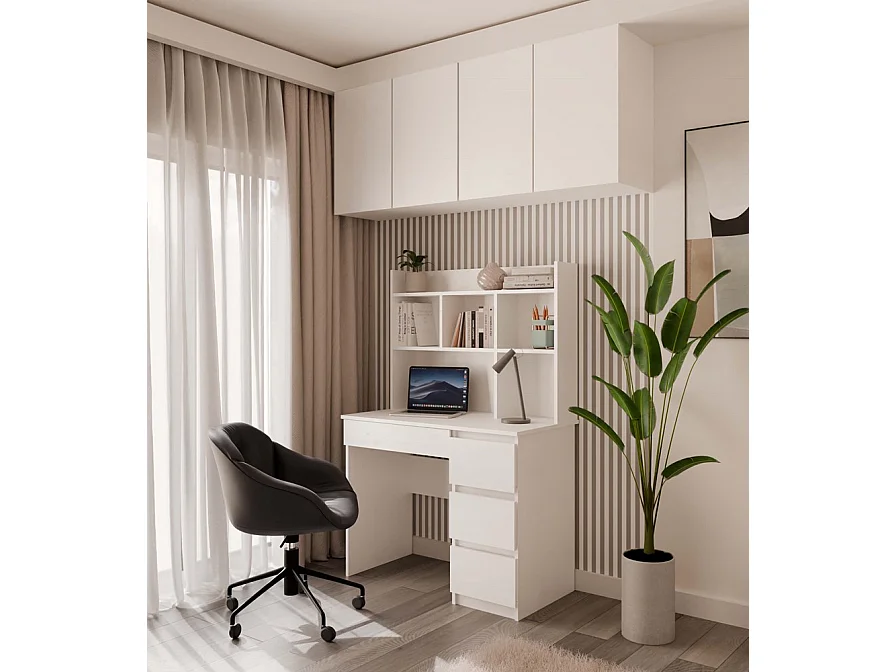 Bureau met 4 lades, verhoogd blad en 4 planken, wit, 146x51x98 cm
