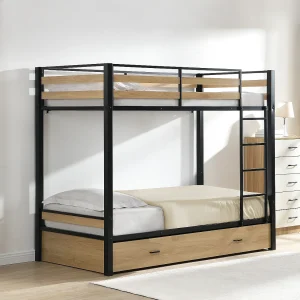 Stapelbed 2 x 90 x 190 cm 1 lade naturel en zwart + Matras – CASIDIA Stapelbed 2 x 90 x 190 cm 1 lade naturel en zwart + Matras – CASIDIA