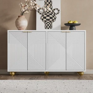 Buffetkast met 4 deuren met sierlijsten – 120 x 35 x 71,5 cm – met verstelbare planken – metalen handgrepen en bolvormige poten – MDF – wit Buffetkast met 4 deuren met sierlijsten – 120 x 35 x 71,5 cm – met verstelbare planken – metalen handgrepen en bolvormige poten – MDF – wit