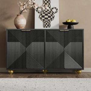Buffetkast met 4 deuren met sierlijsten – 120 x 35 x 71,5 cm – met verstelbare planken – metalen handgrepen en bolvormige poten – MDF – zwart Buffetkast met 4 deuren met sierlijsten – 120 x 35 x 71,5 cm – met verstelbare planken – metalen handgrepen en bolvormige poten – MDF – zwart