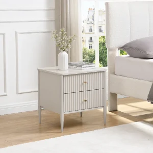 Set van 2 nachtkastjes 2 laden MDF beige en goud – CALITARO Set van 2 nachtkastjes 2 laden MDF beige en goud – CALITARO