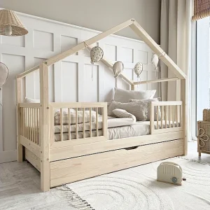 Hutbed 90×190 bedhekken lattenbodem en lade inclusief Rosalie Bois Hutbed 90×190 bedhekken lattenbodem en lade inclusief Rosalie Bois
