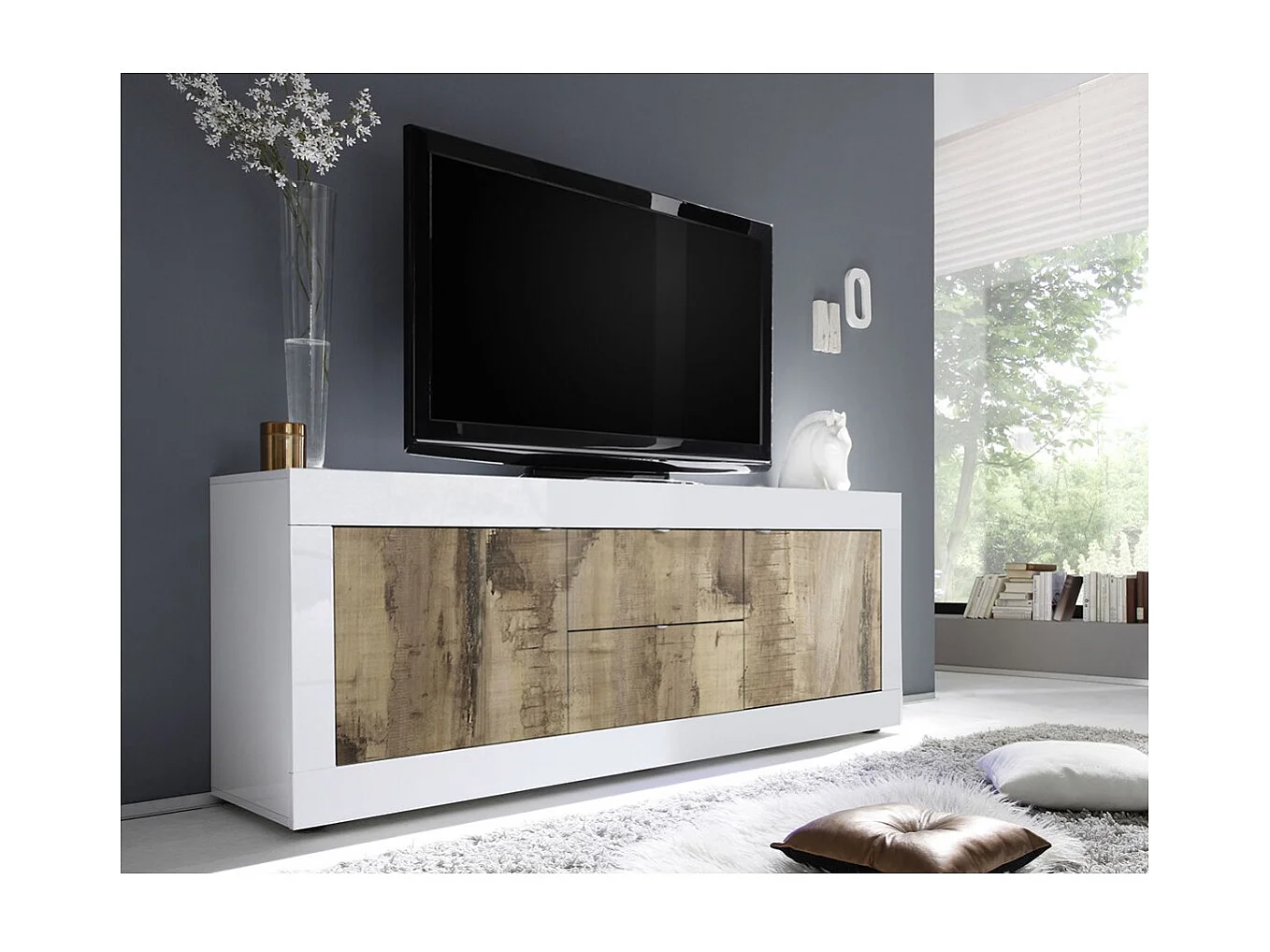 Buffet 2 deuren en 2 laden, collectie ISORA, in glanzend wit lak en licht eiken kleur