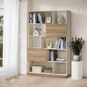 Boekenkast met 2 deuren en 8 nissen – Beige en licht naturel – CEVANIA