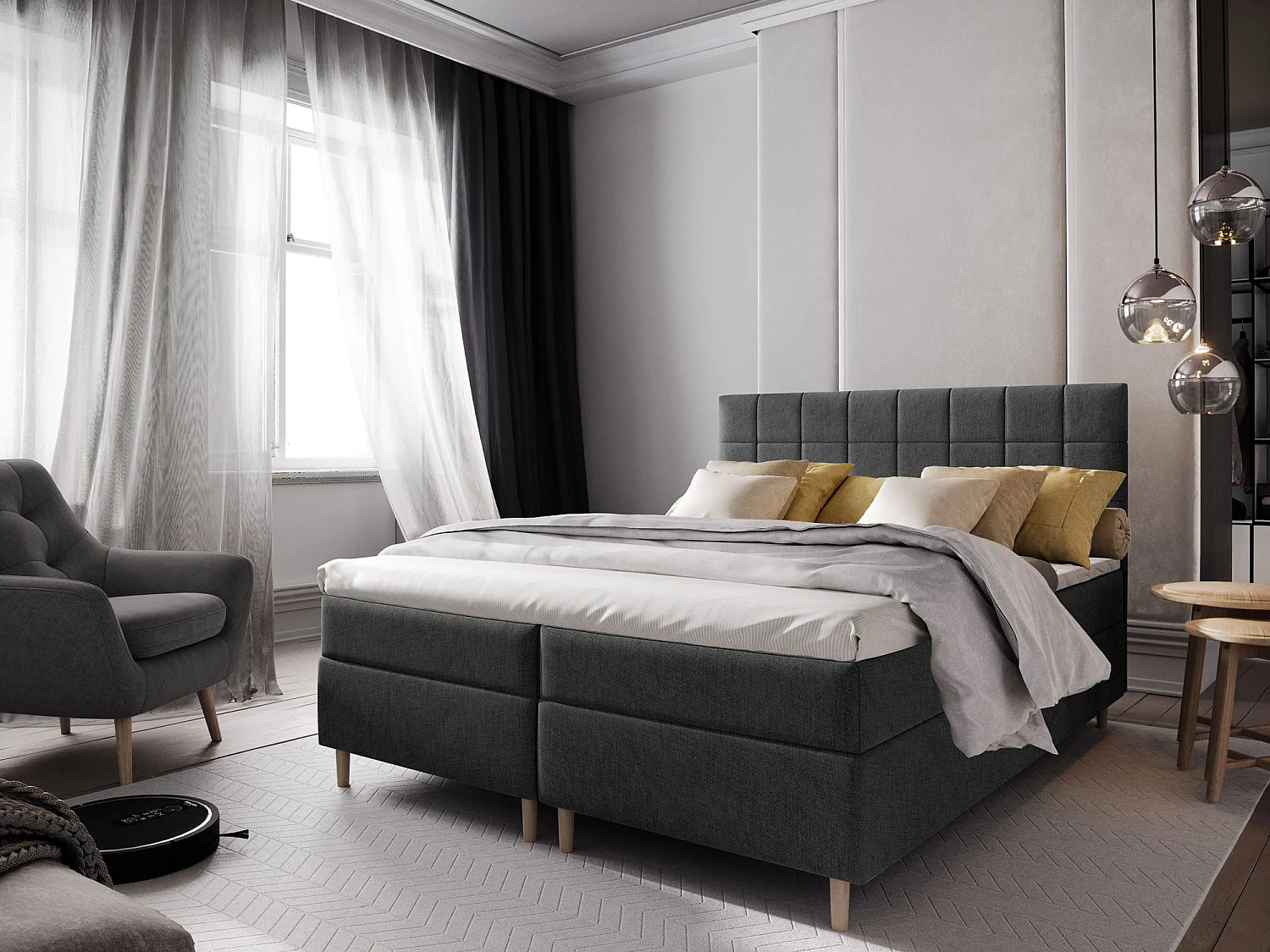 Boxspringbed IBIZA 160x200 cm Set met hoofdbord, bedbodem en matras, Antracietgrijs