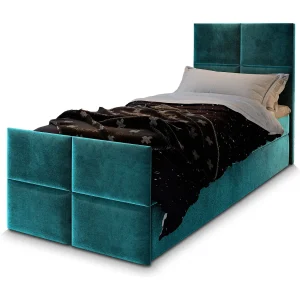 Boxspringbed ARIEL 80×200 cm Set met hoofdbord, bedbodem en matras, Groenblauw