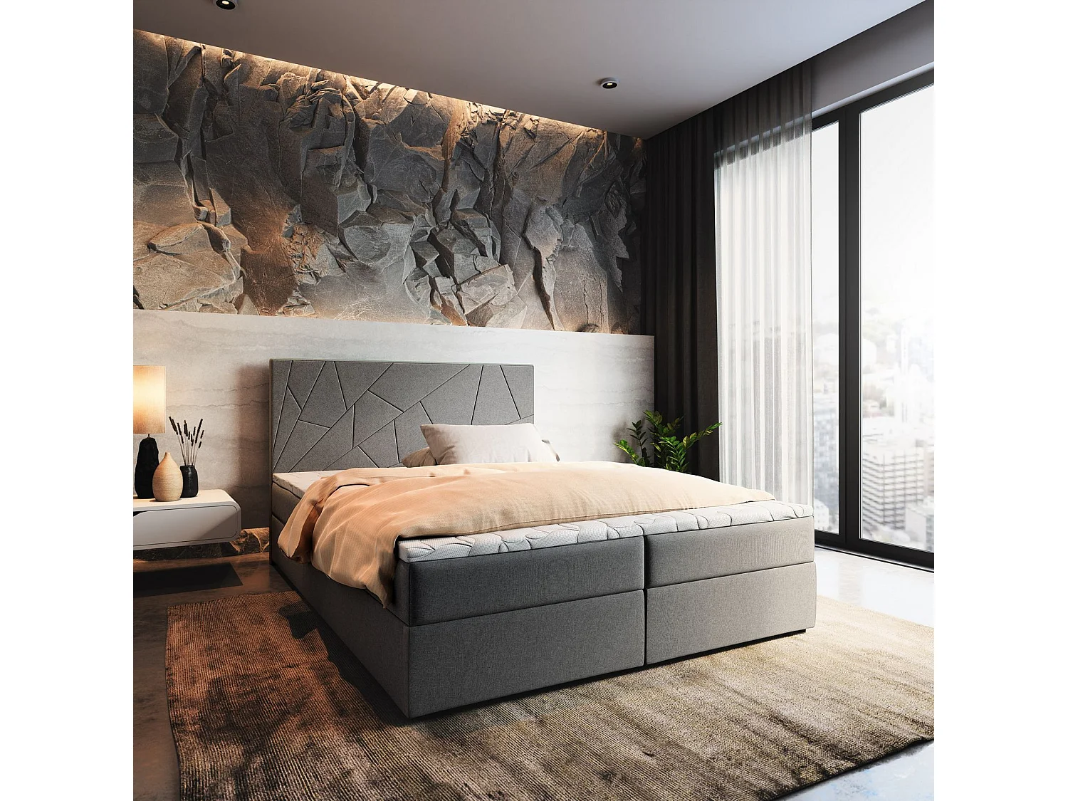 Boxspringbed MADO 160x200 cm Set met hoofdbord, bedbodem en matras, Antracietgrijs