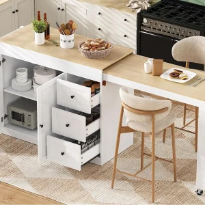 Centraal kookeiland – uitschuifbare eettafel – met 1 USB-poort en 1 Type-C-poort – met kruidenrek en wieltjes – Natuur + Wit Centraal kookeiland – uitschuifbare eettafel – met 1 USB-poort en 1 Type-C-poort – met kruidenrek en wieltjes – Natuur + Wit