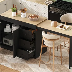 Centraal kookeiland – uitschuifbare eettafel – met 1 USB-poort en 1 Type-C-poort – met kruidenrek en wieltjes – Natuur + Zwart Centraal kookeiland – uitschuifbare eettafel – met 1 USB-poort en 1 Type-C-poort – met kruidenrek en wieltjes – Natuur + Zwart