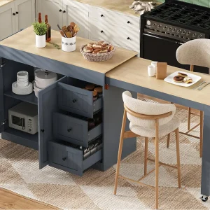 Centraal kookeiland – uitschuifbare eettafel – met 1 USB-poort en 1 Type-C-poort – met kruidenrek en wieltjes – Natuur + Grijs Centraal kookeiland – uitschuifbare eettafel – met 1 USB-poort en 1 Type-C-poort – met kruidenrek en wieltjes – Natuur + Grijs
