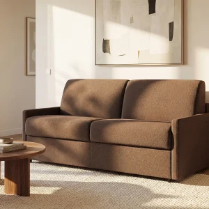 Slaapbank express in bruine stof met traagschuim zitting 140 cm matras 22 cm CALIFE Slaapbank express in bruine stof met traagschuim zitting 140 cm matras 22 cm CALIFE