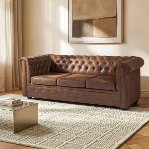 Driezits-slaapbank van microvezel met verouderd leereffect CHESTERFIELD Driezits-slaapbank van microvezel met verouderd leereffect CHESTERFIELD