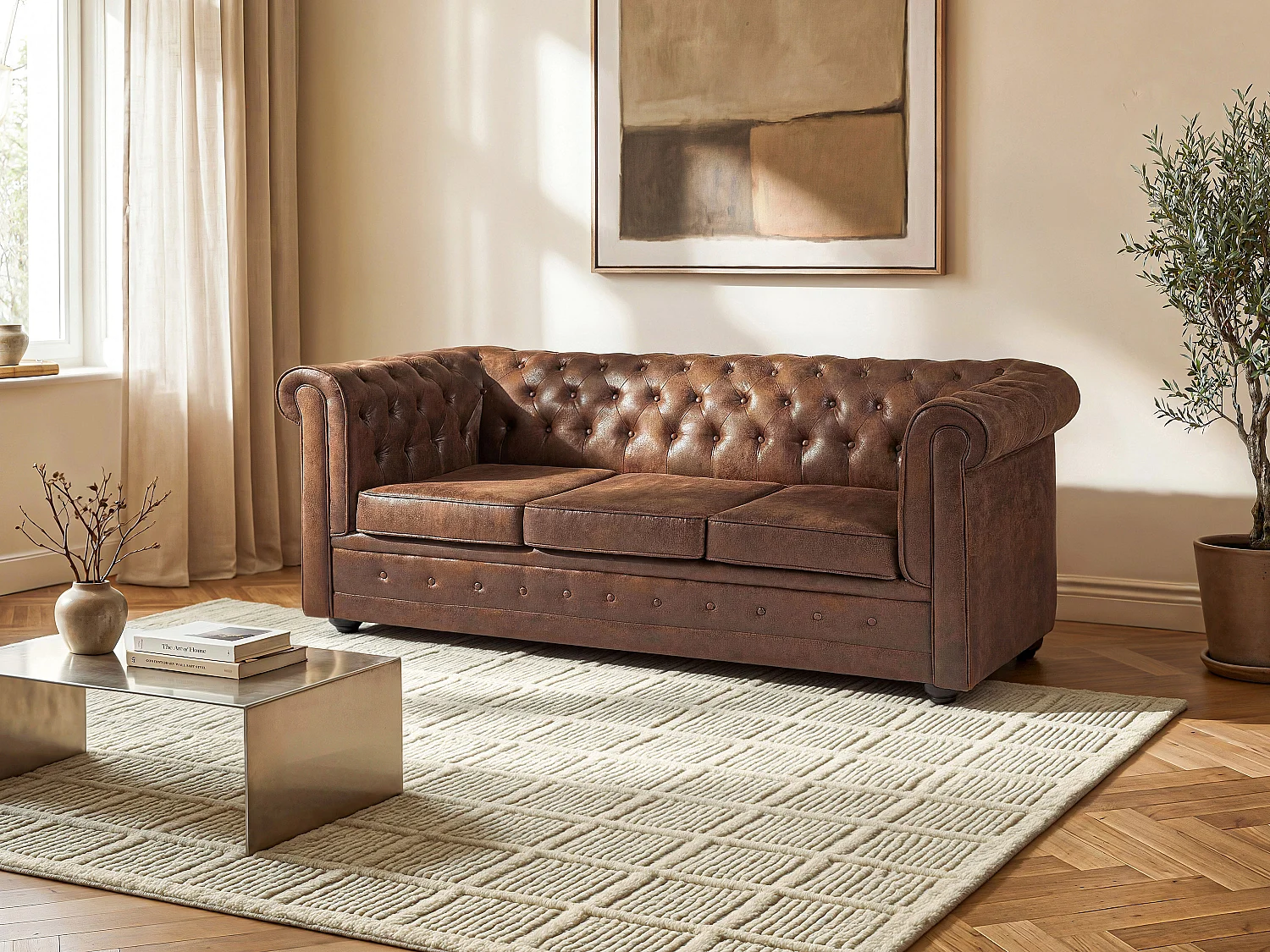 Driezits-slaapbank van microvezel met verouderd leereffect CHESTERFIELD