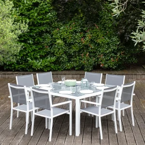 CAGLIARI grijs textilene tuinset 8 zitplaatsen – wit aluminium CAGLIARI grijs textilene tuinset 8 zitplaatsen – wit aluminium