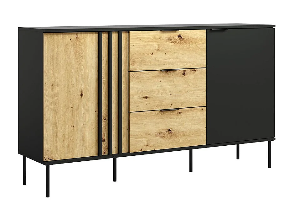 Buffet design IZO – 2 deuren & 3 laden – Onyx zwart & Licht eiken – 165x92x40 cm