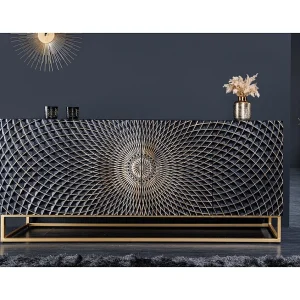 Buffet KOSMOS 180 cm – Massief zwart hout met 3D-snijwerk – Gouden metalen poten Buffet KOSMOS 180 cm – Massief zwart hout met 3D-snijwerk – Gouden metalen poten