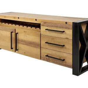 Buffet CAVARA 195 cm – Massief vintage bruin grenen en zwart metaal – 2 deuren, 3 laden en wijnrek