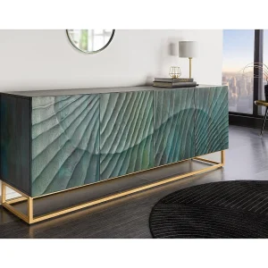Buffet LUMBER 180 cm – Gesneden turquoise en gouden hout, hedendaagse designstijl Buffet LUMBER 180 cm – Gesneden turquoise en gouden hout, hedendaagse designstijl