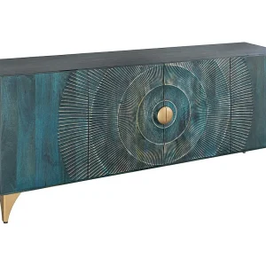 Buffet SOLARIS 180 cm in massief hout uitgesneden blauw en goud – 4 deuren