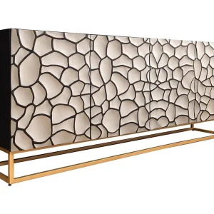 Buffet TERRAKAN 180 cm – Massief hout zwart en wit gesneden met gouden poten