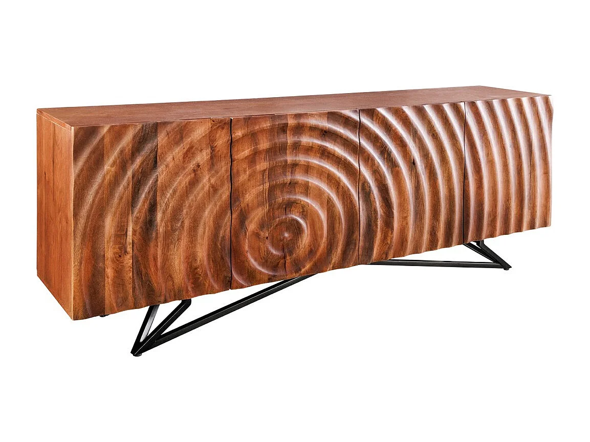 Buffet ZENWOOD 180 cm – Massief hout met 3D-snijwerk en zwart metaal – 4 deuren