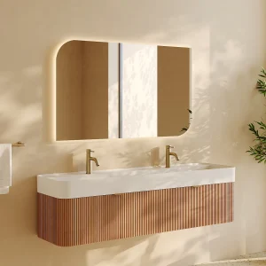 Gegroefd hangend meubel dubbele inbouwwastafel en kraan, licht naturel, 150 cm, BULMAS Gegroefd hangend meubel dubbele inbouwwastafel en kraan, licht naturel, 150 cm, BULMAS