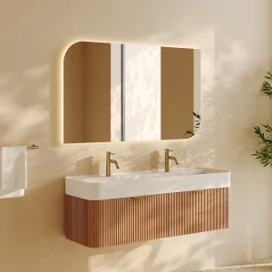 Gegroefd hangend meubel dubbele inbouwwastafel en kraan, licht naturel, 120 cm, BULMAS Gegroefd hangend meubel dubbele inbouwwastafel en kraan, licht naturel, 120 cm, BULMAS