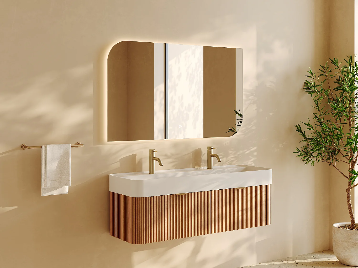 Gegroefd hangend meubel dubbele inbouwwastafel en kraan, licht naturel, 120 cm, BULMAS