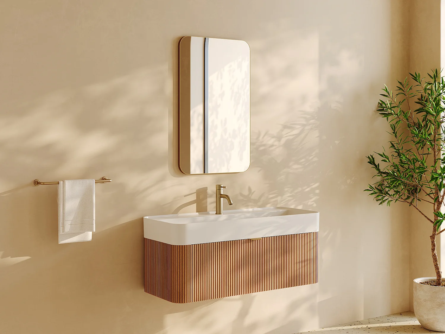 Gestreept hangend meubel met enkele inbouwwastafel en kraan, licht naturel, 100 cm, BULMAS