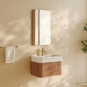Gestreept hangend meubel met enkele inbouwwastafel en kraan, licht naturel, 60 cm, BULMAS Gestreept hangend meubel met enkele inbouwwastafel en kraan, licht naturel, 60 cm, BULMAS