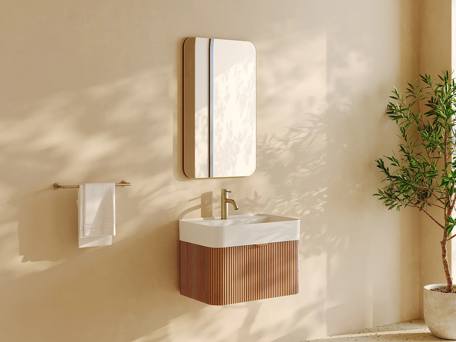 Gestreept hangend meubel met enkele wastafel, kraan en spiegel, licht naturel, 60 cm, BULMAS