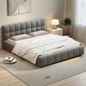 Bubbelbed 160 x 200 cm met lattenbodem en rugleuning, gestoffeerd tweepersoonsbed, linnen, grijs Bubbelbed 160 x 200 cm met lattenbodem en rugleuning, gestoffeerd tweepersoonsbed, linnen, grijs