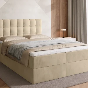Boxspringbed met hoofdeinde, matras en dekmatras – DETROIT – 140×200 – lichtbeige