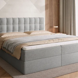 Boxspringbed met hoofdeinde, matras en dekmatras – DETROIT – 180×200 – grijs Boxspringbed met hoofdeinde, matras en dekmatras – DETROIT – 180×200 – grijs
