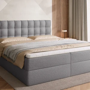Boxspringbed met hoofdeinde, matras en dekmatras – DETROIT – 180×200 – grijs Boxspringbed met hoofdeinde, matras en dekmatras – DETROIT – 180×200 – grijs