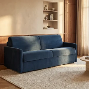 Slaapbank nachtblauw fluweel traagschuim zitting 160 cm matras 14 cm CALIFE