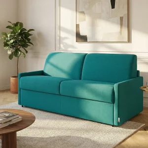 Express slaapbank turquoise blauwe stof traagschuim zitting 160 cm matras 22 cm CALIFE Express slaapbank turquoise blauwe stof traagschuim zitting 160 cm matras 22 cm CALIFE