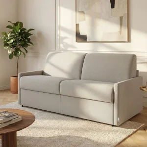 Slaapbank express in beige stof met traagschuim zitting 160 cm matras 22 cm CALIFE Slaapbank express in beige stof met traagschuim zitting 160 cm matras 22 cm CALIFE