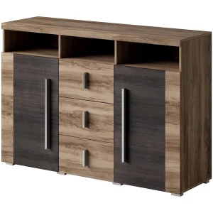 Buffet BRAZZA 2 deuren 3 laden – Kleur satijn notenhout – Open vakken – 132 cm