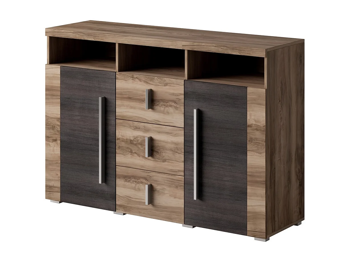 Buffet BRAZZA 2 deuren 3 laden - Kleur satijn notenhout - Open vakken - 132 cm
